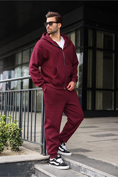 Madmext Claret Red Double Zipper Hooded Tracksuit Set E7345