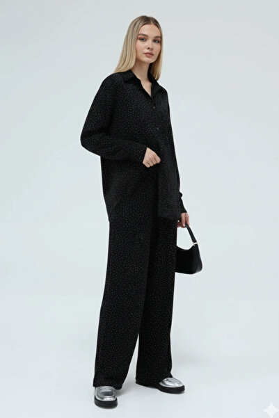 cemo Stone Detailed Wide-Leg Pants and Button-Up Shirt Two-Piece Set