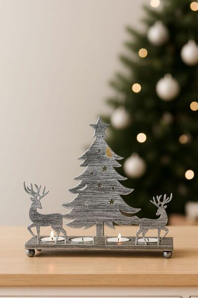 ANGDESİGN Metal 4’lü Tealight Yılbaşı Mumluk – Dekoratif Ağaç Geyik Silüetli-...