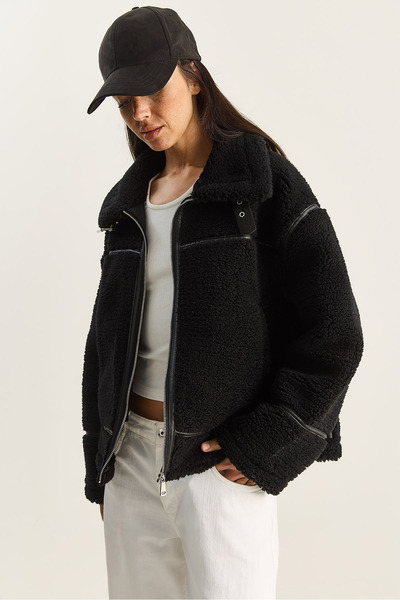 Bianco Lucci Women's Faux Leather Piped Detail Pocket Teddy Biker Jacket 2370 60281126