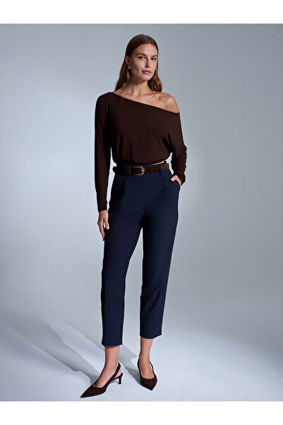 Dilvin 72193 Suede Belted Fabric Trousers-Navy Blue
