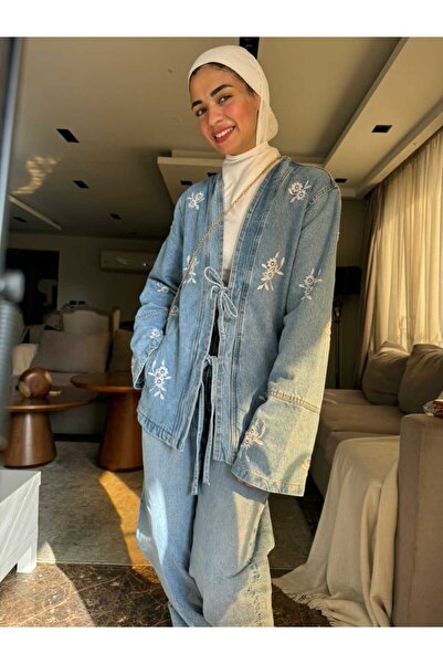 Lavanta Tekstil Floral Embroidered Tie-Up Denim Jeans Jacket