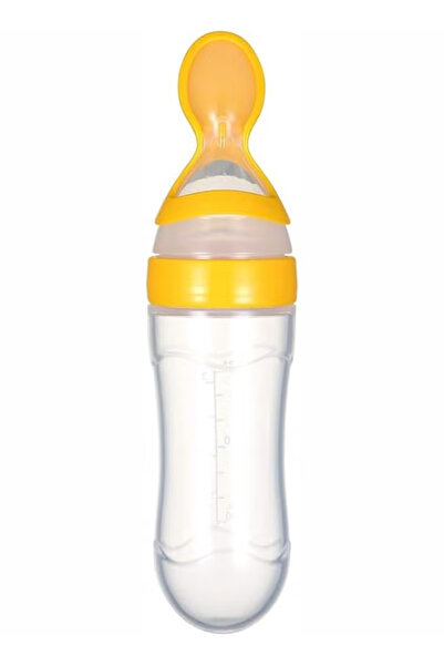 ENAR Leak Proof Food Dispensing Silicone Baby Feeding Bottle And Spoon - Yellow/Clear