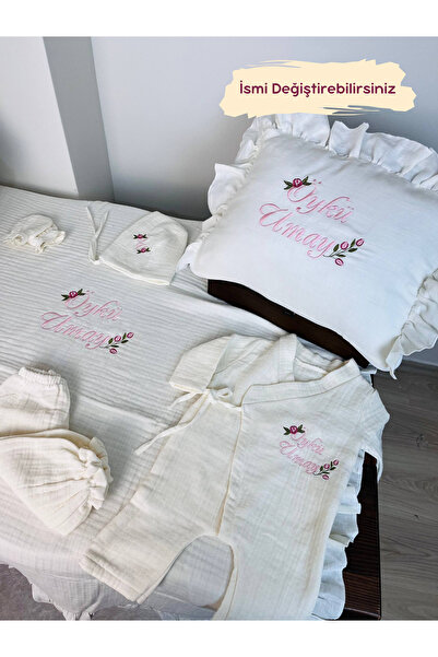 KARSU TASARIM İsme Özel %100 Pamuk Müslin Hastane Çıkış Seti Ve Puset Örtüsü ...