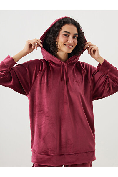 LC Waikiki Dream Burgundy Hooded Velvet Women's Pajama Top