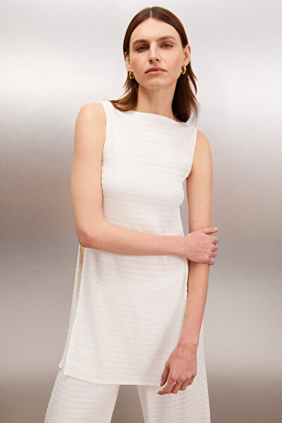 ETHIQUET SERELUNE Γυναικεία μπλούζα με φαρδύ γιακά, κανονική εφαρμογή, αμάνικη, ανοιχτή στο πλάι, μακριά εκρού μπλούζα