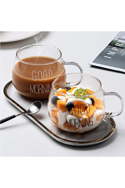 WareHause0 2 Li Good Morning Günaydın 400 ml Borosilikat Cam Kupa