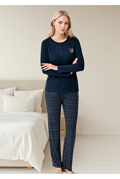 Loule Women's Navy Blue Button Detailed %50 Cotton %50 Modal Summer Printed Pajama Set