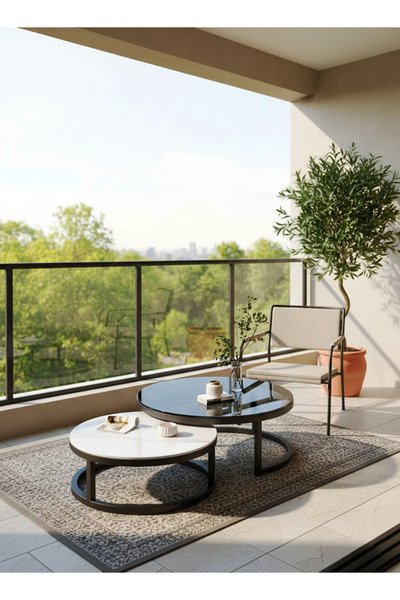 AGD 2-Piece Modern Nesting Round Coffee Table Set, Black/White