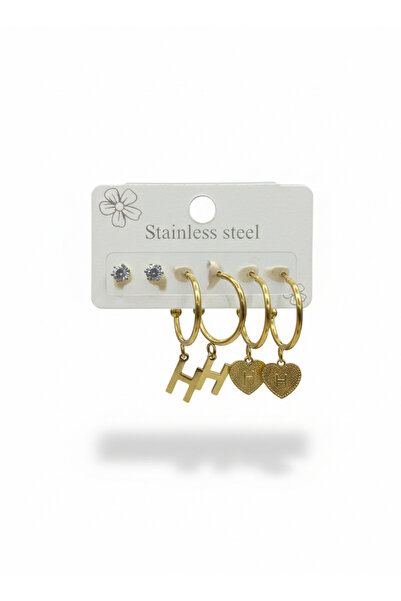 YONGA'S BUTİK Luxury Combination Steel Earring Set with Letter H and Heart (6 Pieces) - Gold Color