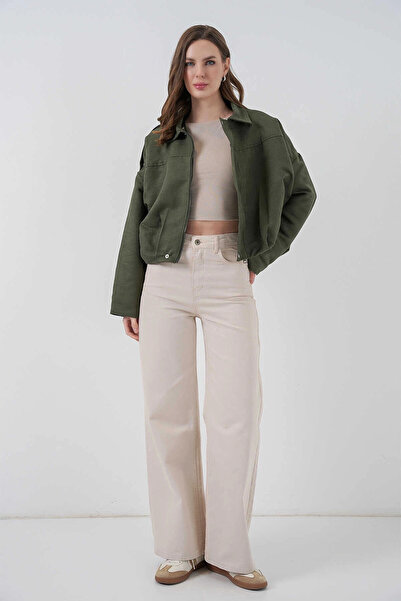 hazelin Women's Green Oversized Zipper and Snap Closure Pocketless Suede Leather Jacket Hzl25W-Bd107301