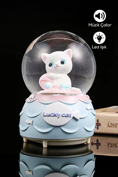 indirimsevinci Sevimli Lucky Cat Kedi Kar Küresi – Işıklı Müzikli Orta Boy Hediyelik