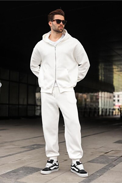 Madmext Ecru Double Zipper Hooded Tracksuit Set E7345