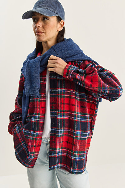 Bianco Lucci Women's Plaid Patterned Oversized Lumberjack Shirt Dg251056 60283837