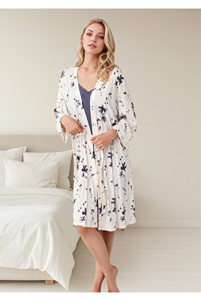 Loule Kadın Ekru Çiçek Desenli %50 Pamuk %50 Modal Sabahlık Gecelik Takımı