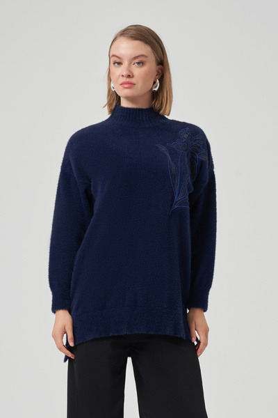 Nuss Embroidery Detail Angora Sweater 7004 Navy Blue