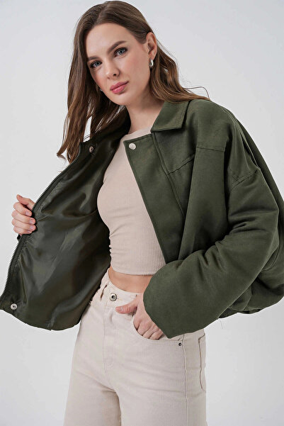 hazelin Women's Green Oversized Zipper and Snap Closure Pocketless Suede Leather Jacket Hzl25W-Bd107301