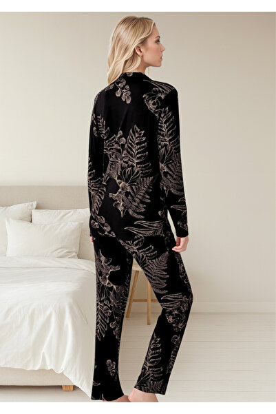 Loule Women's Black Floral Pattern Stretchy Modal Blend Long Sleeve Pajama Set