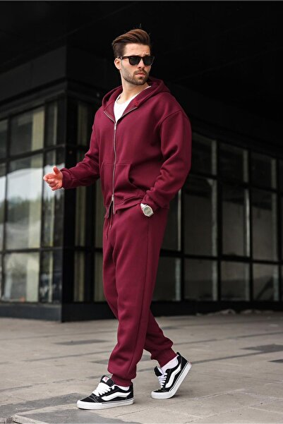 Madmext Claret Red Double Zipper Hooded Tracksuit Set E7345