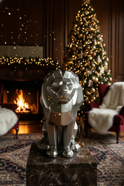 GUGGA Aslan Figürlü Geometrik Dekoratif Biblo - Krom 26 cm