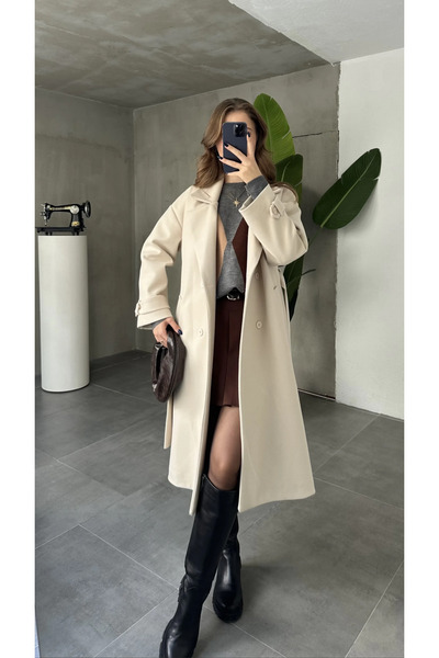 ELAYF Kadın Krem Kruvaze Oversize Kuşaklı Uzun Kaşe Kaban