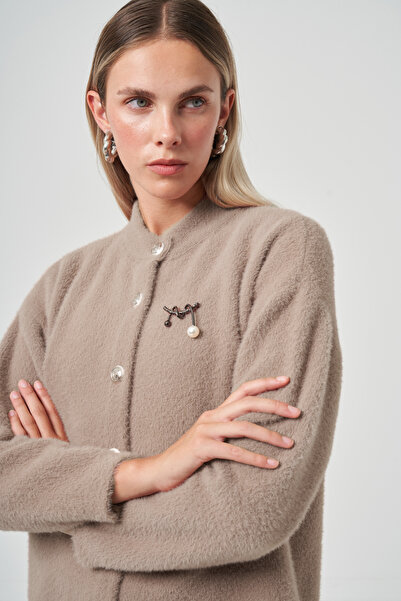 Nuss Button Detail Angora Cardigan 7005 Mink