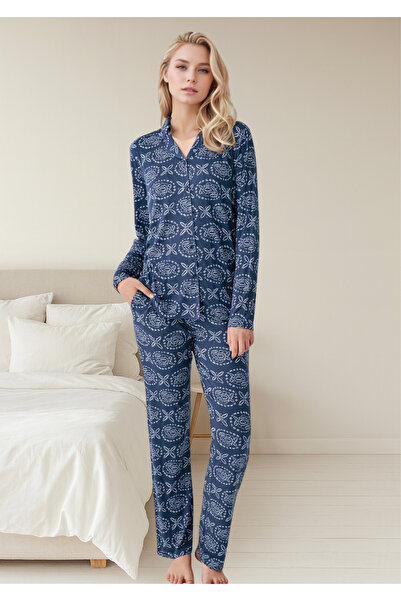 Loule Women's Navy Blue Ethnic Patterned 50% Cotton 50% Modal Buttoned Double Pocket Pajama Set