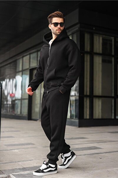 Madmext Black Double Zipper Hooded Tracksuit Set E7345