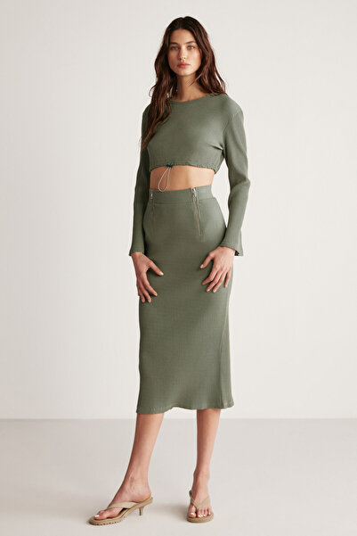 ETHIQUET Lauren Women's Slim Fit Zipper Detailed Midi Khaki Skirt