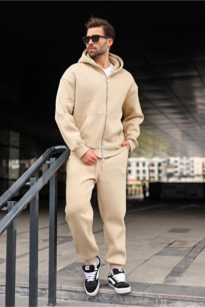Madmext Beige Double Zipper Hooded Tracksuit Set E7345