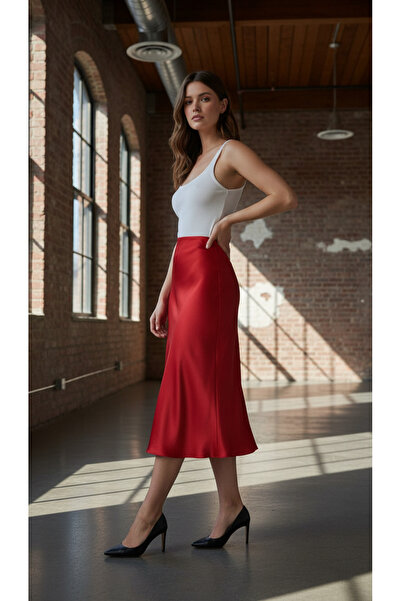 Eight Fashion Women's Red Satin Long Skirt