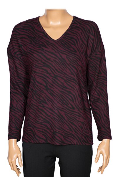 Barem Women's Lina Plus Size Winter V-Neck Soft Burgundy Blouse D06