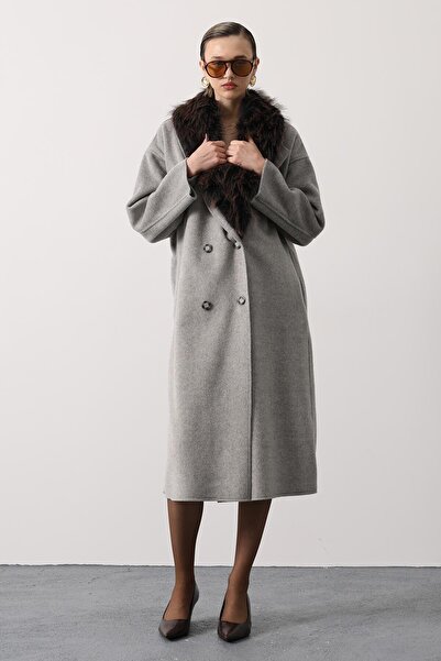 cemo Kaşe Coat Long Model with Fur Collar Detail