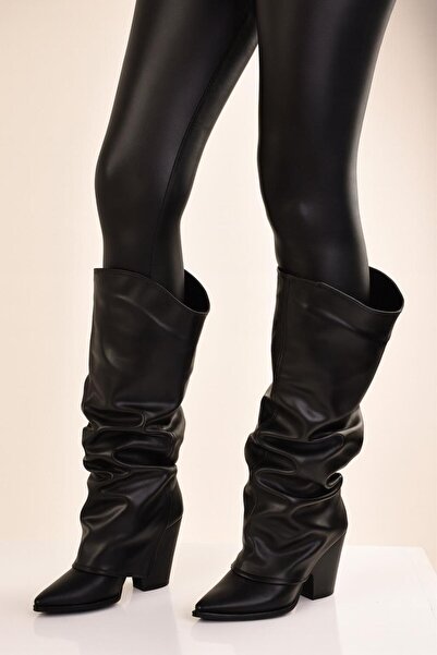 MODAONN Kadın Körüklü Kalın Topuklu Kovboy Çizme