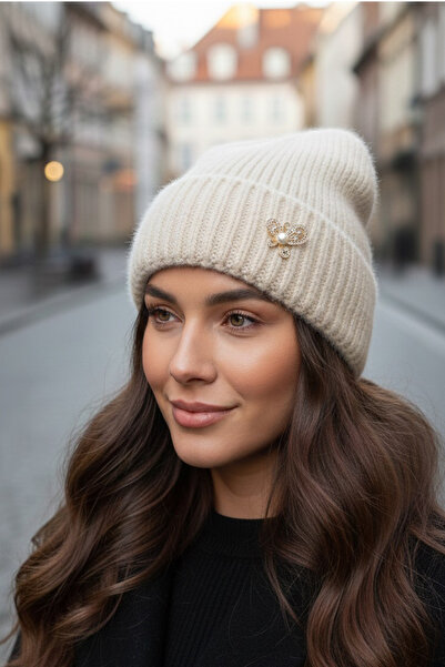 Modex Brooch Detail Line Pattern Folded Hat Beret