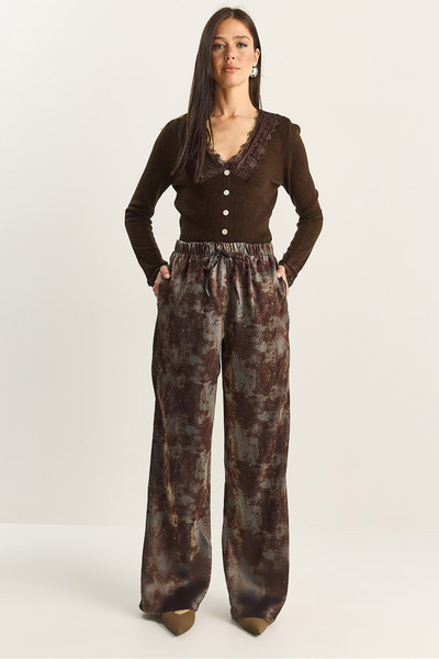 Bianco Lucci Women's Shiny Effect Wide Leg Trousers with Pocket Detail Dp251020 60283836