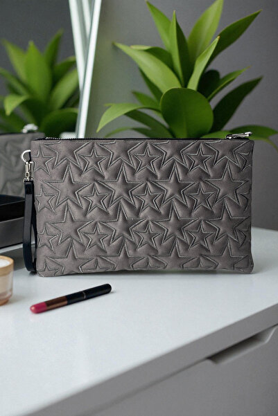 Ecrou Star Patterned Gray Suede Portfolio Bag