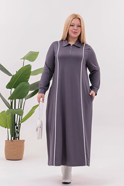 Siyezen Plus Size Striped Detail Polo Neck Dress