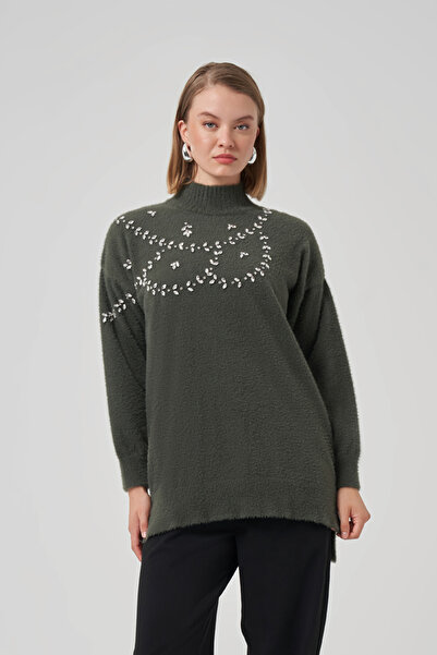 Nuss Stone Detail Angora Sweater Tunic 7002 Khaki