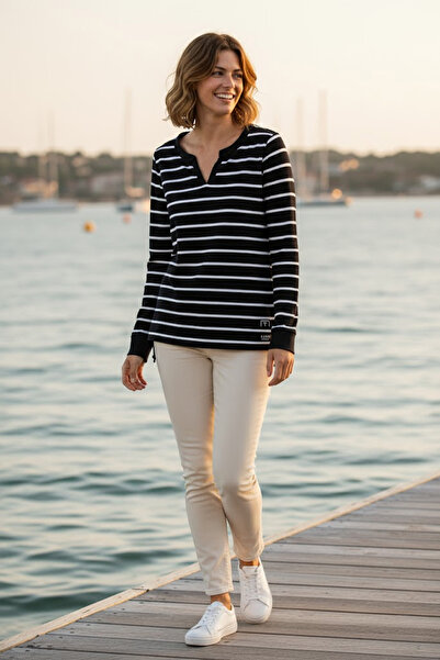 YXL COLLECTION Women's Plus Size Striped V-Neck Skirt Gathered Long Sleeve Blouse / Sweatshirt