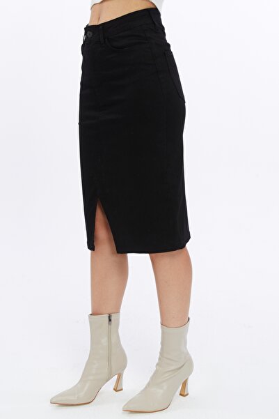 Lexsina Linen Black Women's Front Slit Midi Length Skirt