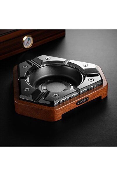CIGARLOONG Cigar Ashtray, Metal & Wood Desktop 3-Slot (Black)