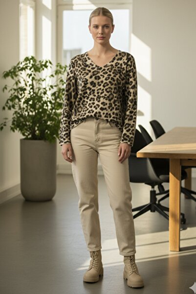 Chiccy Italian Cream Color V-Neck Long Sleeve Leopard Print Slim Casual Ov Oversized Riko Blouse 64 54