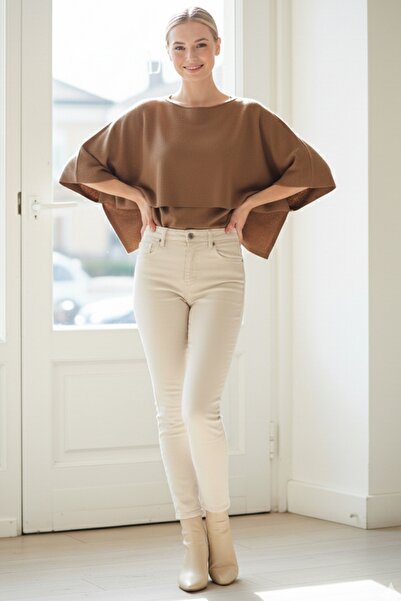 Chiccy Ιταλικό πουλόβερ από ακρυλικό πλεκτό με μανίκια με λαιμόκοψη καφέ γαλακτώδες 55 60