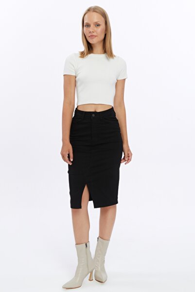 Lexsina Linen Black Women's Front Slit Midi Length Skirt