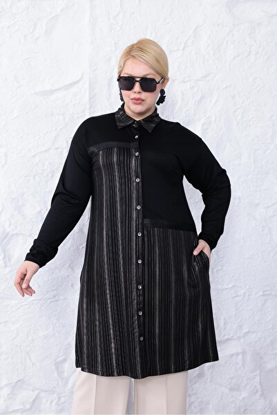 Siyezen Plus Size Silver Glitter Detailed Tunic Shirt