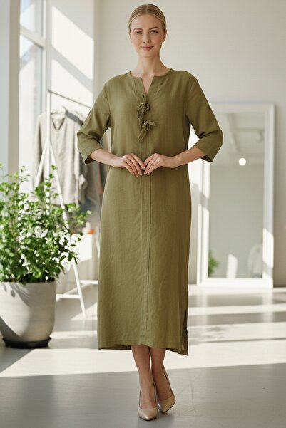 Chiccy Italian Mustard Color Buttoned 3/4 Sleeve Y Slit Slim Fi Corded Fabric Adife Long Woven Dress 120 55