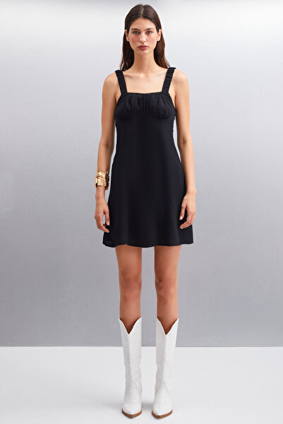 ETHIQUET ERIDANIA Rochie mini neagră pentru femei, cu decolteu romantic, cu din material tip stofă cupă pentru bust