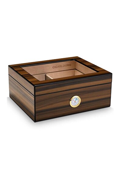 CIGARLOONG Camlı Puro Kutusu Humidor Ceviz 50's