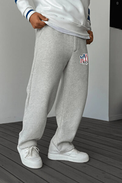 EydaMoon Ανδρικό χειμερινό φαρδύ βαμβακερό και μάλλινο παντελόνι NYC New York με τύπωμα με φαρδιά πόδια με πλαϊνές τσέπες